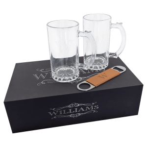 Lazerburst Beer Set with Two 14 oz. Mugs and One Laserable Leatherette Bottle Opener