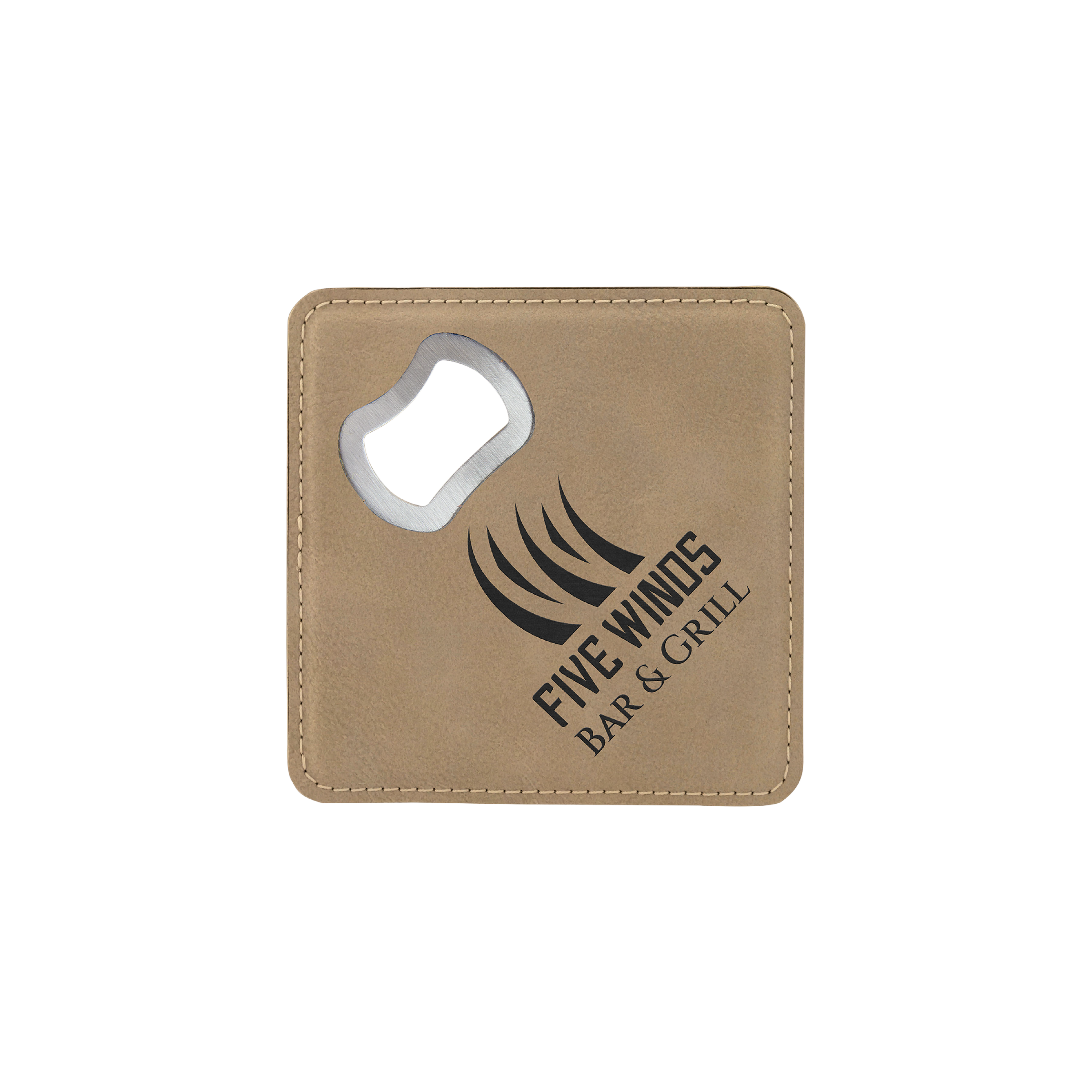 4" x 4" Square Bamboo Laserable Leatherette Coaster with Bottle Opener