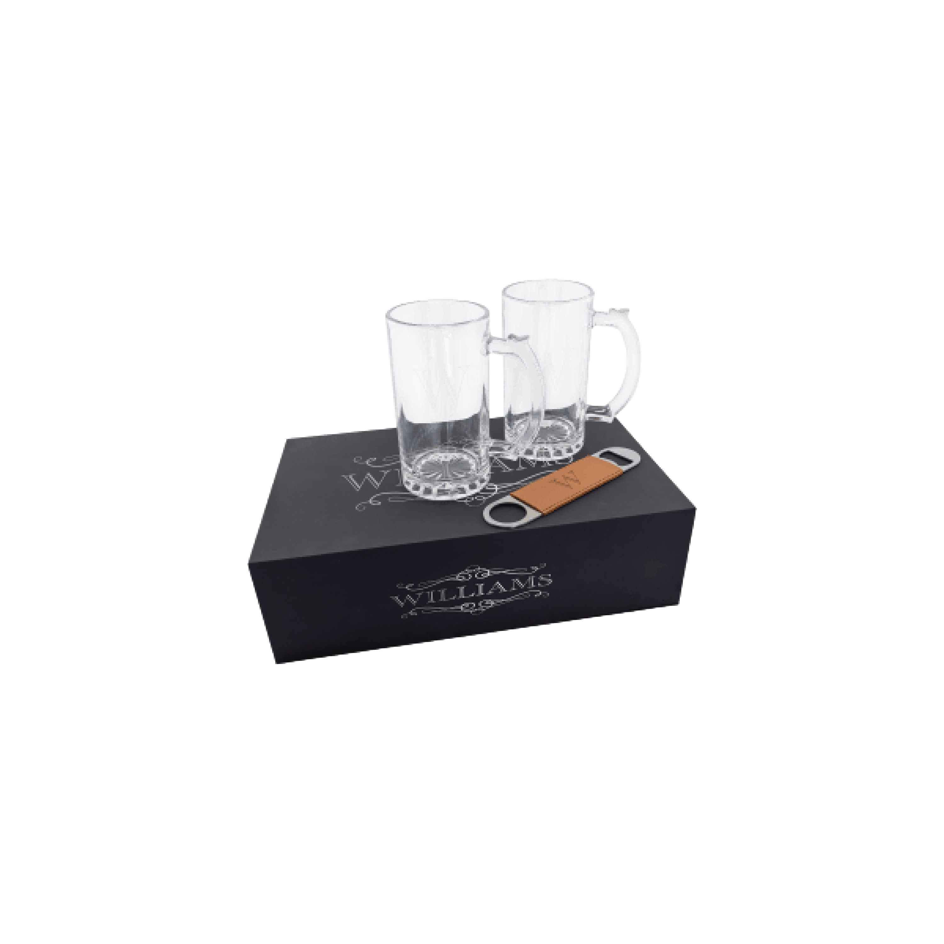 Lazerburst Beer Set with Two 14 oz. Mugs and One Laserable Leatherette Bottle Opener