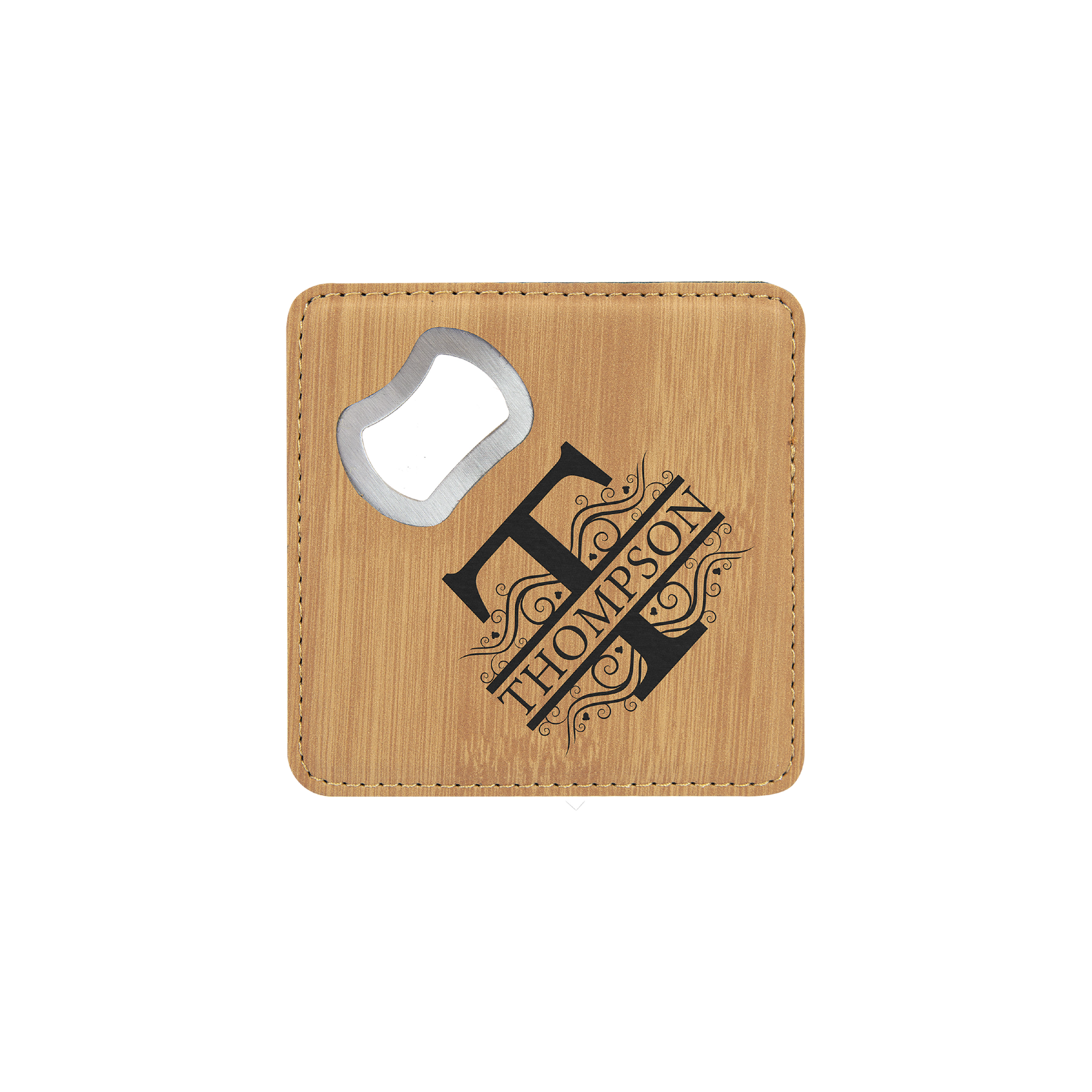 4" x 4" Square Bamboo Laserable Leatherette Coaster with Bottle Opener
