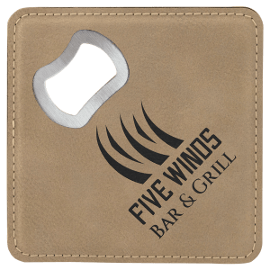4" x 4" Square Bamboo Laserable Leatherette Coaster with Bottle Opener