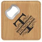 4" x 4" Square Bamboo Laserable Leatherette Coaster with Bottle Opener