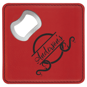 4" x 4" Square Bamboo Laserable Leatherette Coaster with Bottle Opener