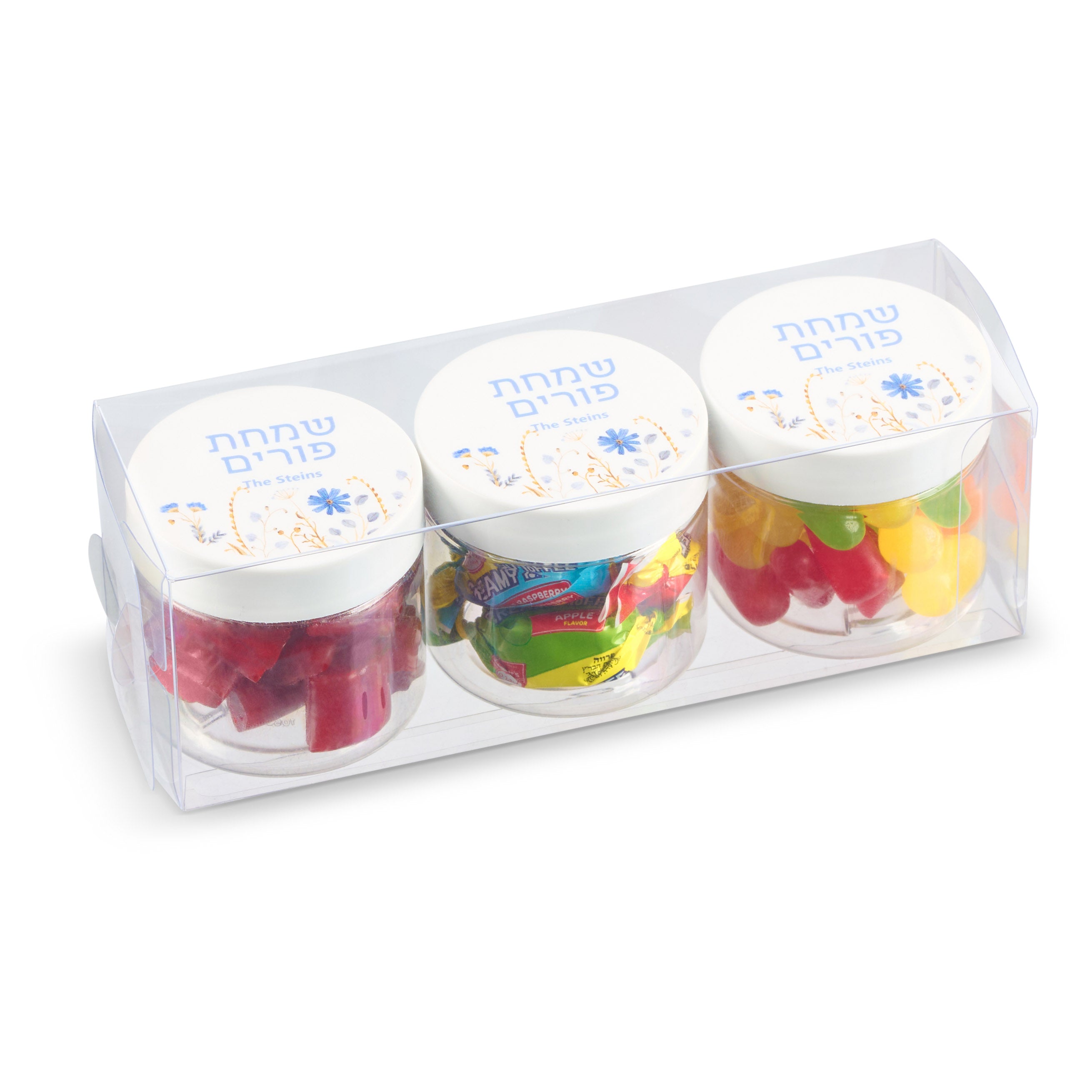 Three small jars of colorful gummy bears in a clear plastic packaging 