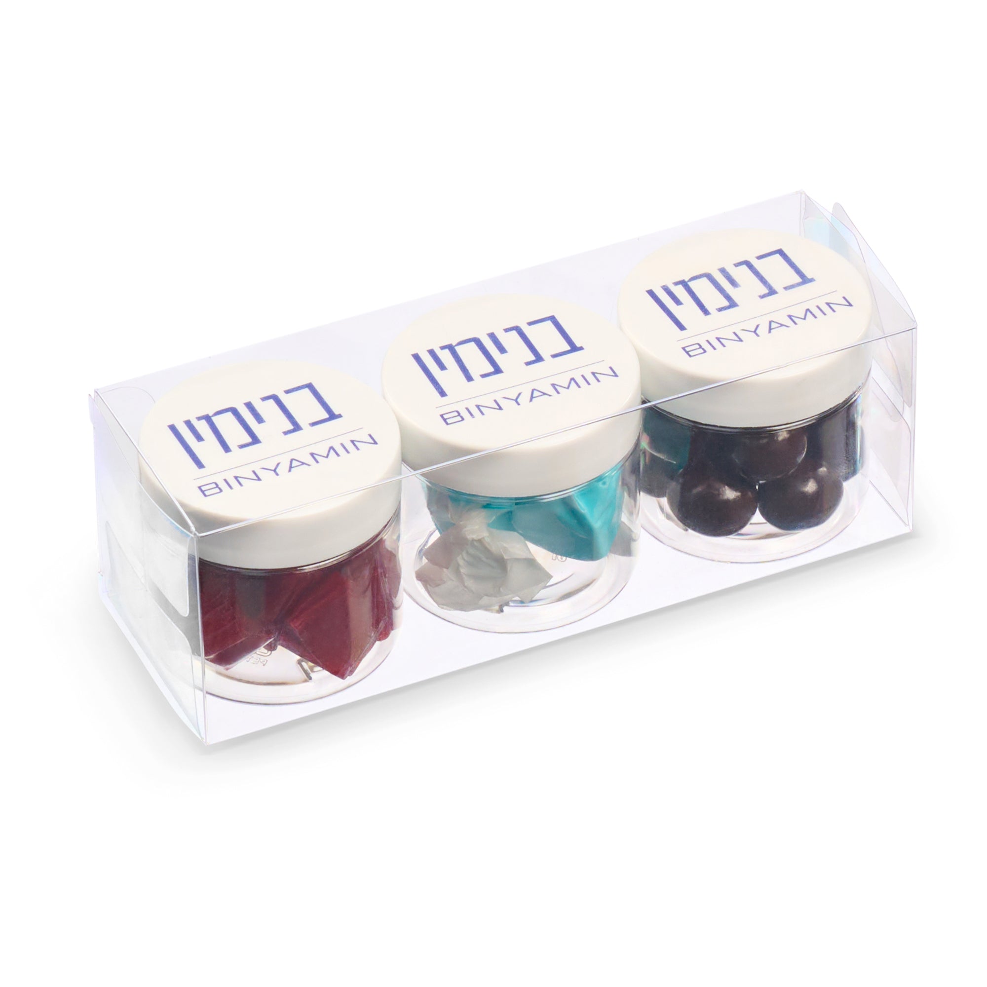 Three small jars with lids labeled 'Binyamin' containing different colored items in a clear packaging box.